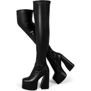 Women Black Synthetic Thigh High Boots Chunky Block Heels Over The Knee Boots